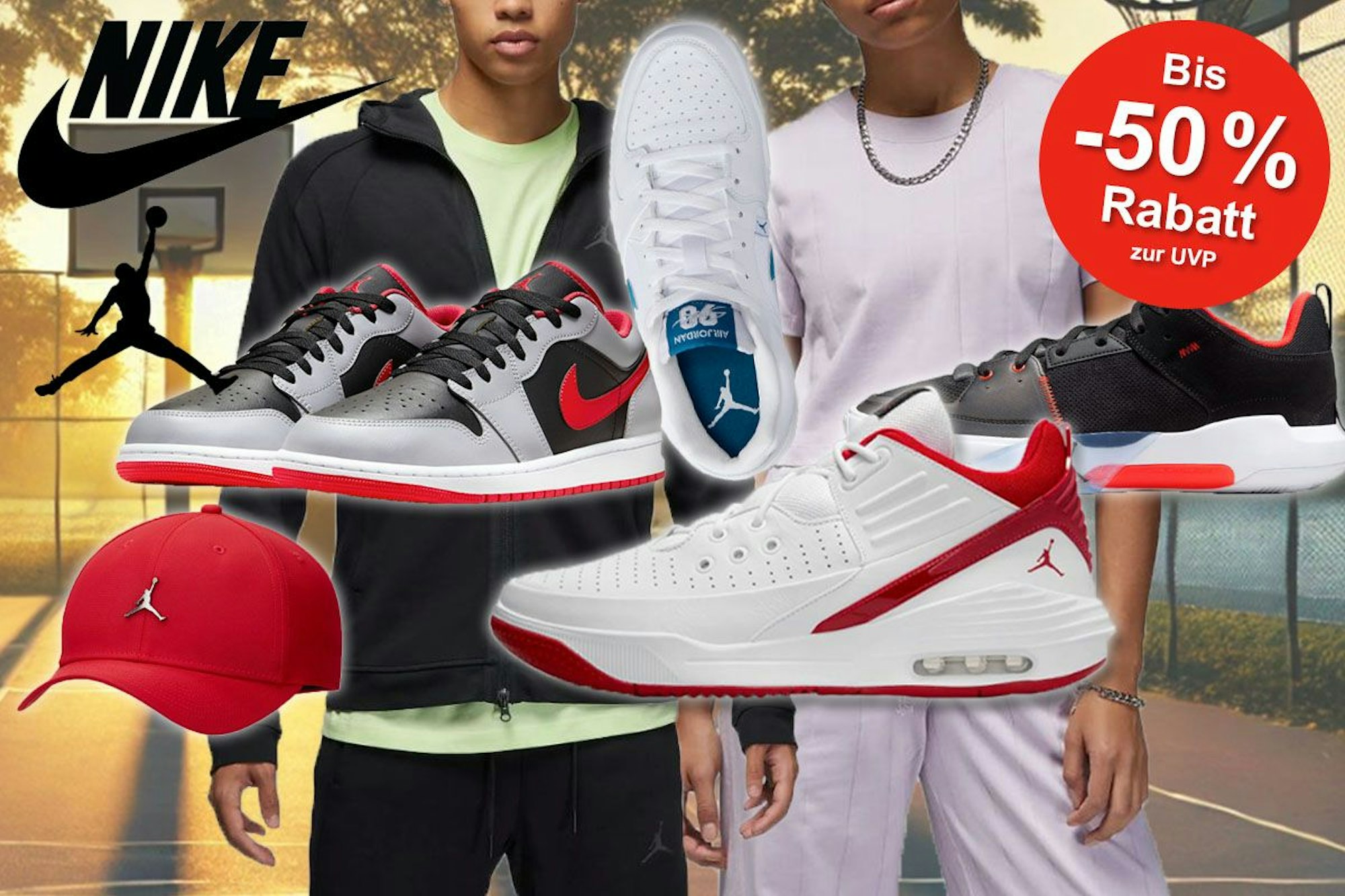 Nike Air Jordan Schuhe wie Jordan One Take 5, Air Jordan 1 Low, Jordan Stadium 90, Jordan Max Aura 5 und Sportmode vor einem Basketballkorb in der Abendsonne.