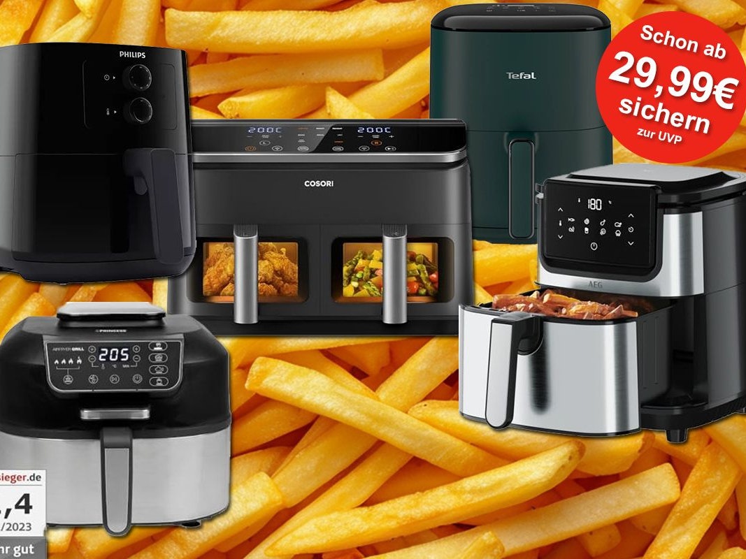 Hießluftfritteusen und Airfryer von verschiedenen Marken wie Philips, Tefal, Cosori vor einem Bild mit Pommes Frites.