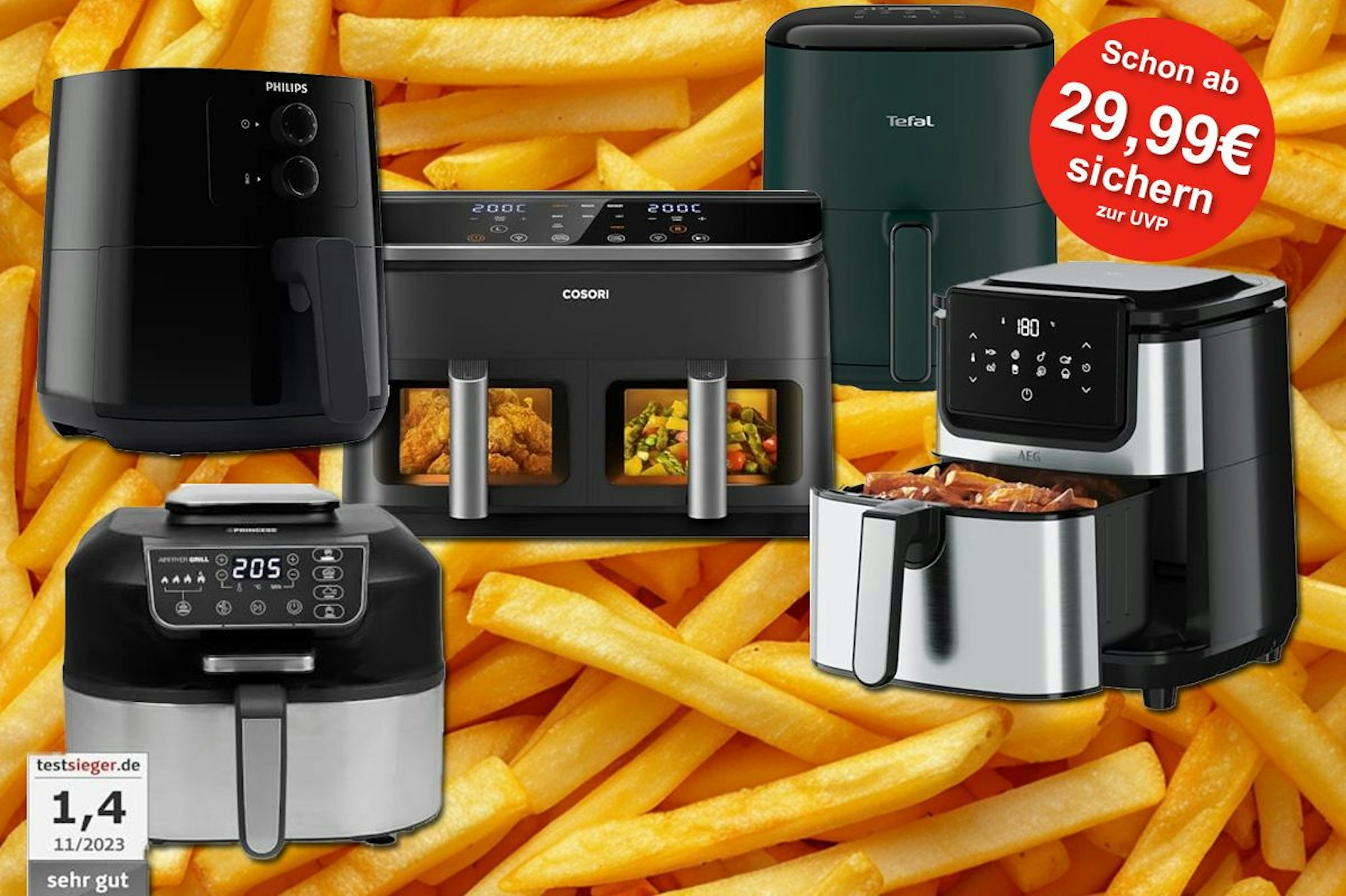Hießluftfritteusen und Airfryer von verschiedenen Marken wie Philips, Tefal, Cosori vor einem Bild mit Pommes Frites.