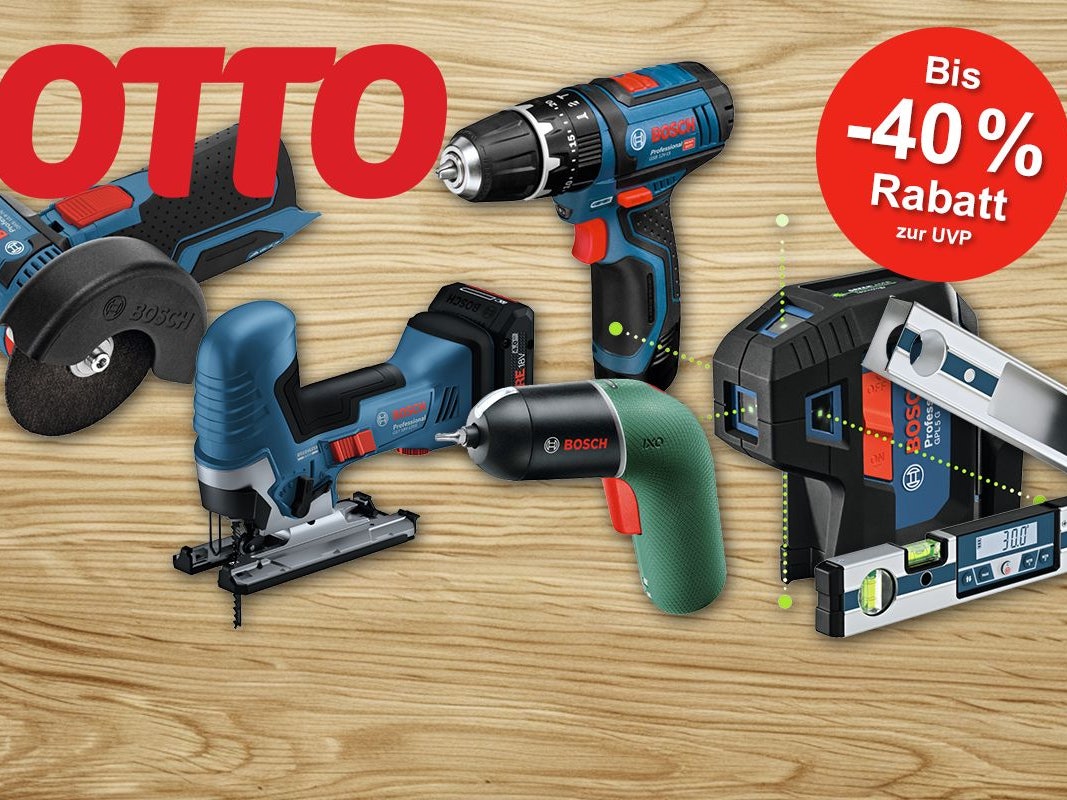 Produktbilder von Akkuschraubern, Stichsäge, Schleifer, Laser Messgerät