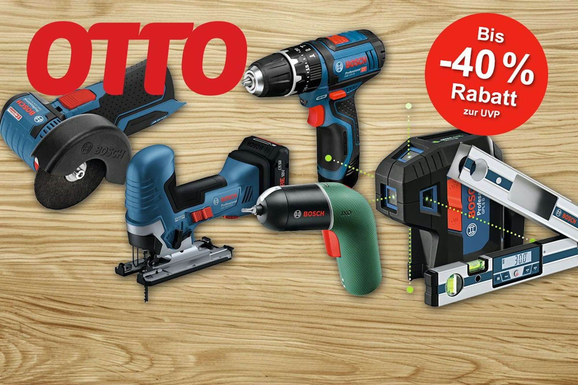 Produktbilder von Akkuschraubern, Stichsäge, Schleifer, Laser Messgerät