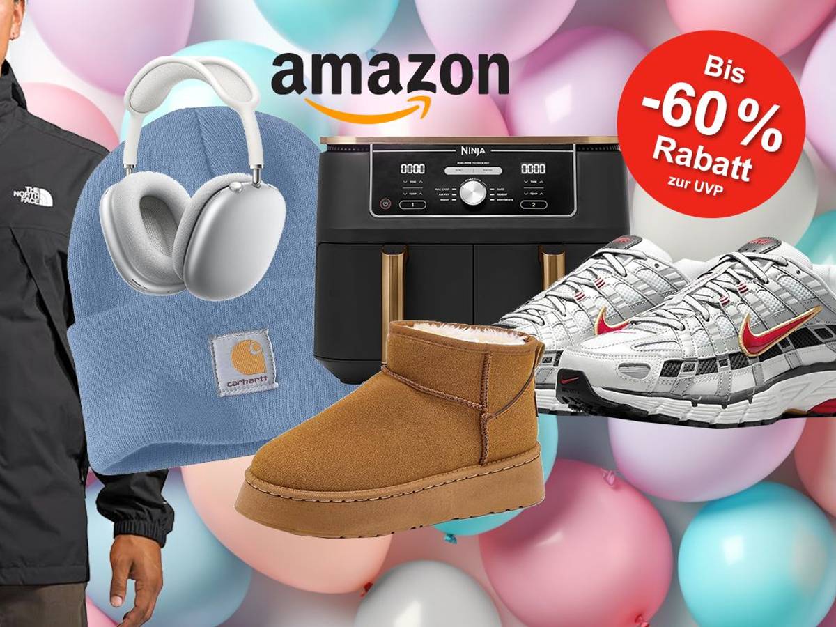 Darstellung verschiedener Produkte der Oktober Angebote bei Amazon, wie z.B. Apple Kopfhörer, The North Face Jacke, UGG Boots, Nike Sneaker, Ninja Airfryer u.v.m.