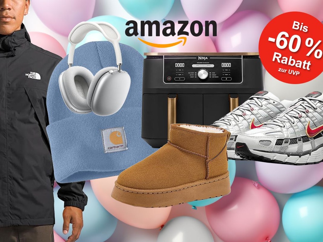 Darstellung verschiedener Produkte der Oktober Angebote bei Amazon, wie z.B. Apple Kopfhörer, The North Face Jacke, UGG Boots, Nike Sneaker, Ninja Airfryer u.v.m.