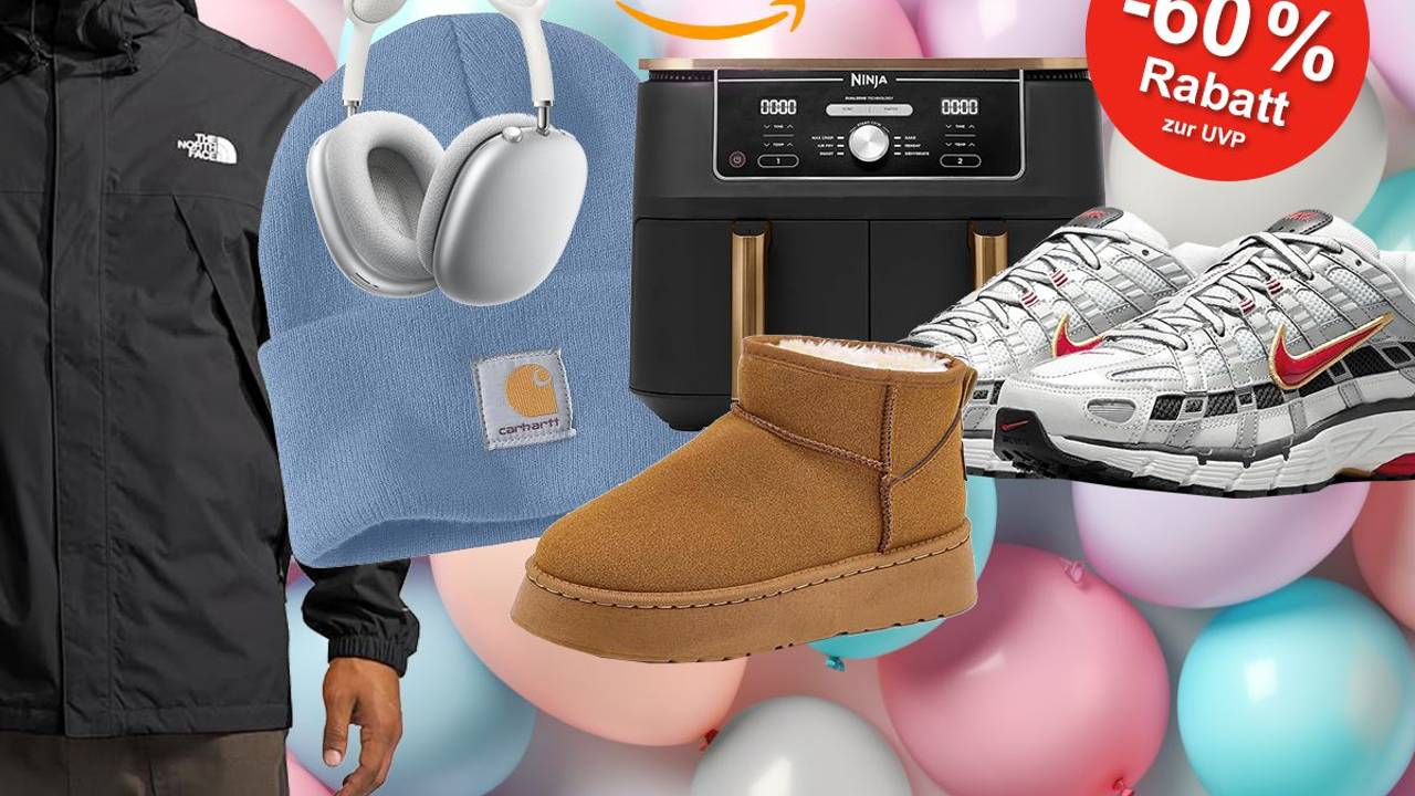 Darstellung verschiedener Produkte der Oktober Angebote bei Amazon, wie z.B. Apple Kopfhörer, The North Face Jacke, UGG Boots, Nike Sneaker, Ninja Airfryer u.v.m.