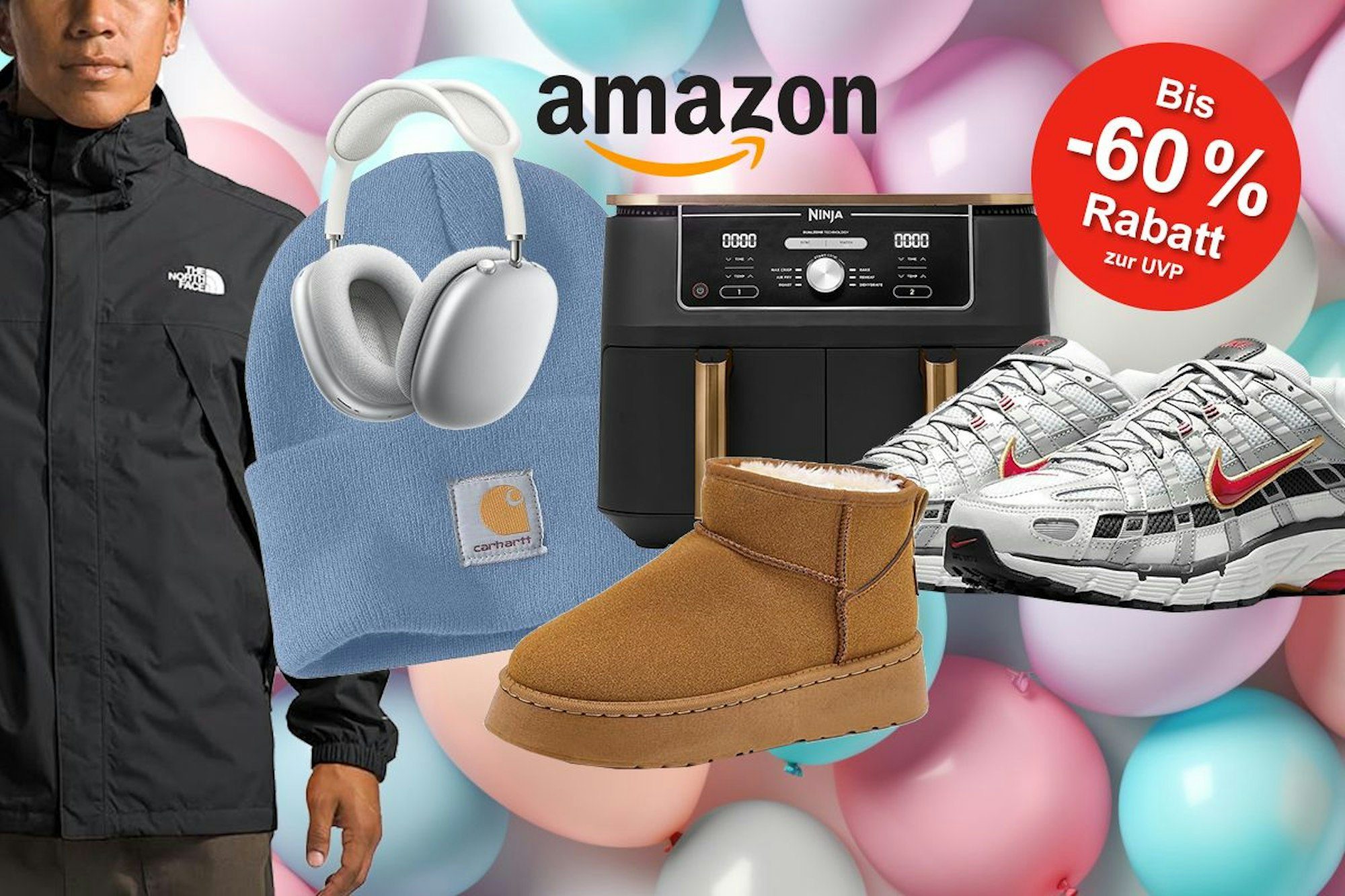 Darstellung verschiedener Produkte der Oktober Angebote bei Amazon, wie z.B. Apple Kopfhörer, The North Face Jacke, UGG Boots, Nike Sneaker, Ninja Airfryer u.v.m.