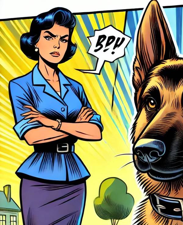 Comiczeichnung einer Frau und eines Schäferhundes. Die Frau blickt böse.