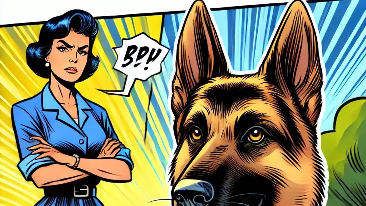 Comiczeichnung einer Frau und eines Schäferhundes. Die Frau blickt böse.
