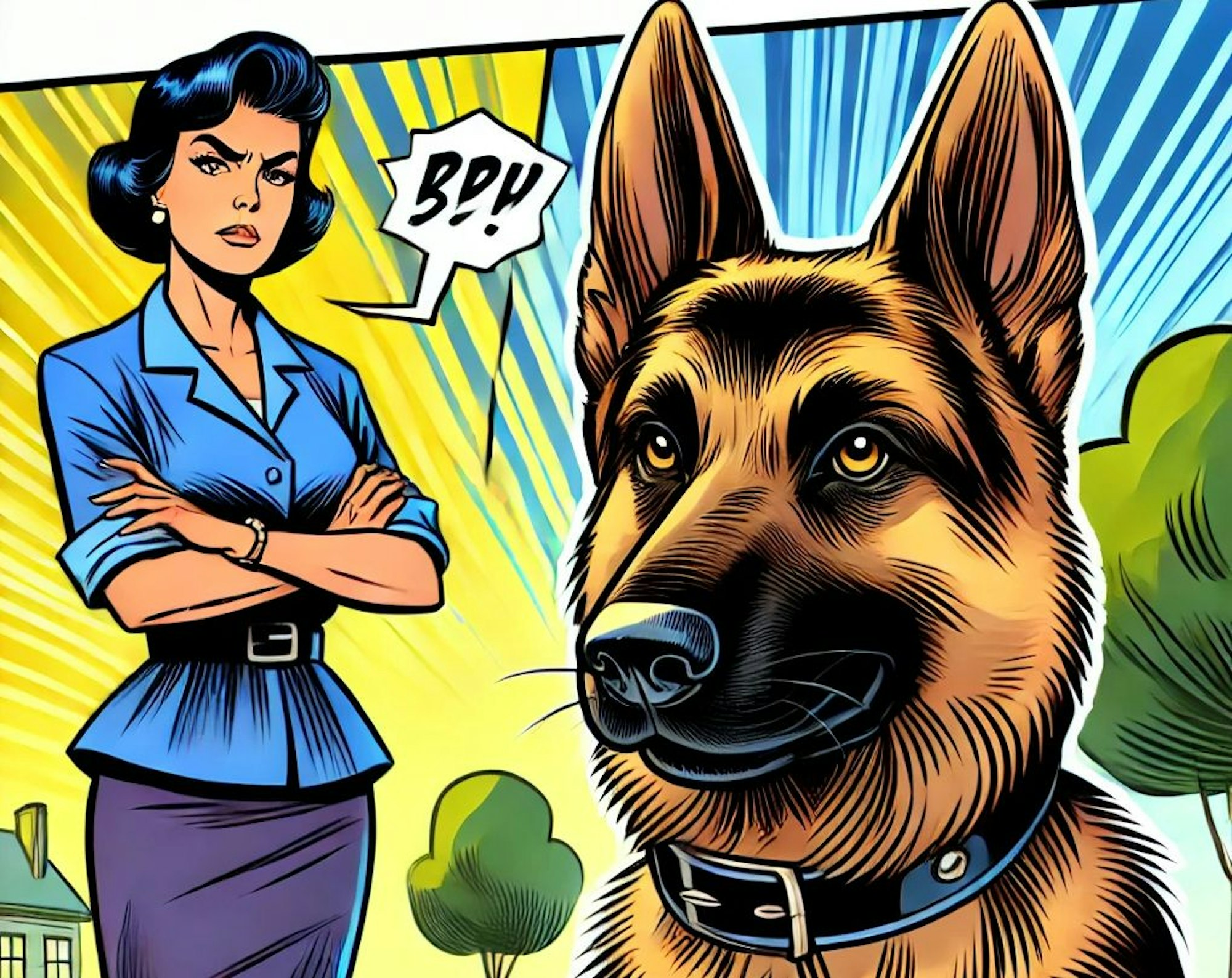 Comiczeichnung einer Frau und eines Schäferhundes. Die Frau blickt böse.