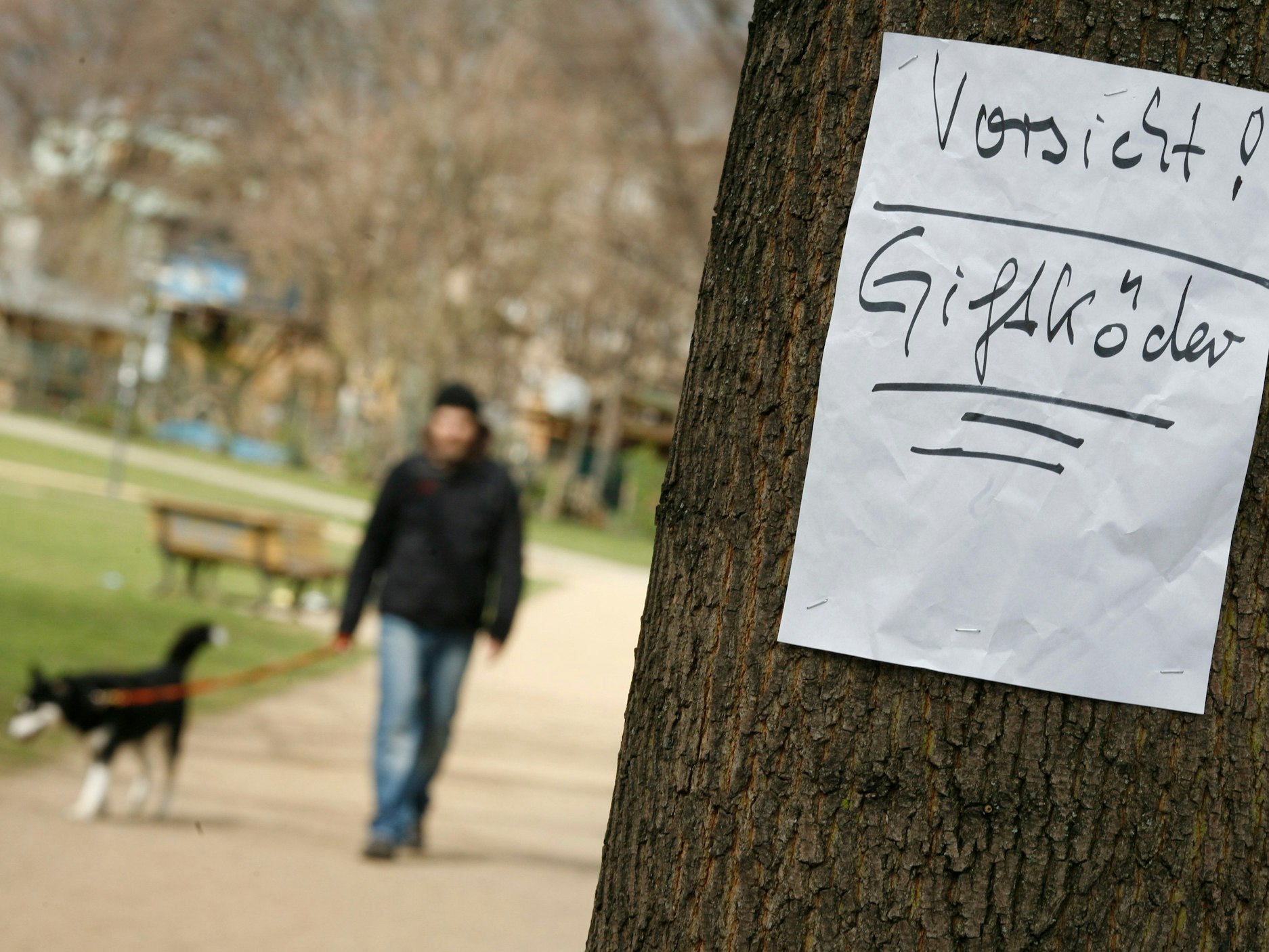 Ein Zettel warnt am 30.03.2012 in einem Park in Berlin vor ausgelegten Giftködern.