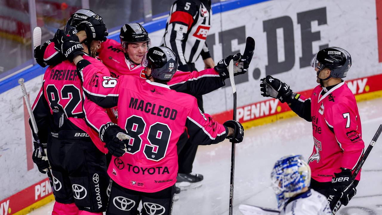 Die Spieler der Kölner Haie bejubeln das 2:0 von Louis-Marc Aubry gegen die Straubing Tigers.