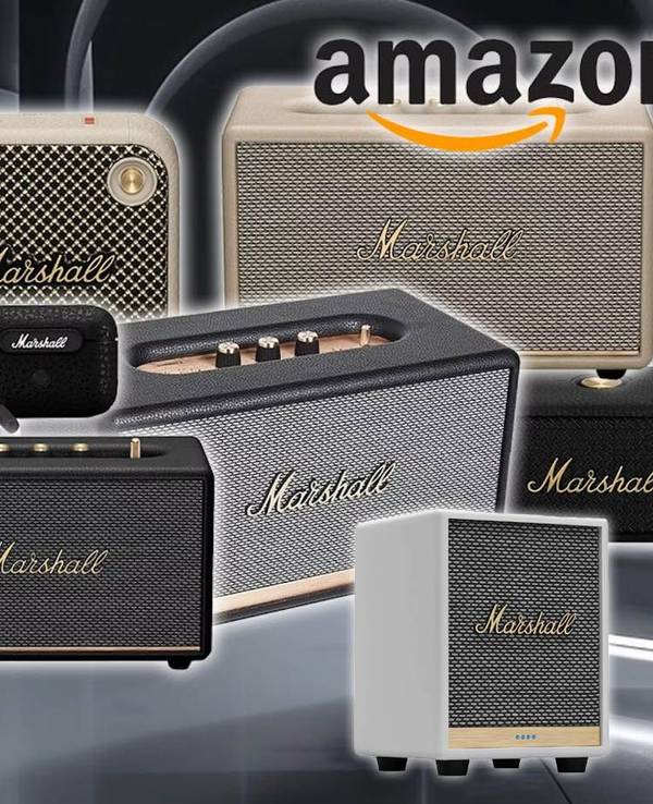 Bluetooth Lautsprecher und Kopfhörer von Marshall in verschiedenen Versionen und Farben vor einem minimalistischen, futuristischen grauen Hintergrund.