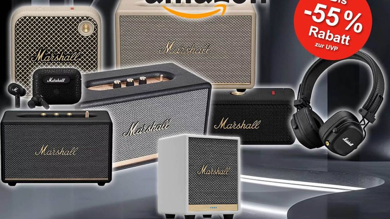 Bluetooth Lautsprecher und Kopfhörer von Marshall in verschiedenen Versionen und Farben vor einem minimalistischen, futuristischen grauen Hintergrund.