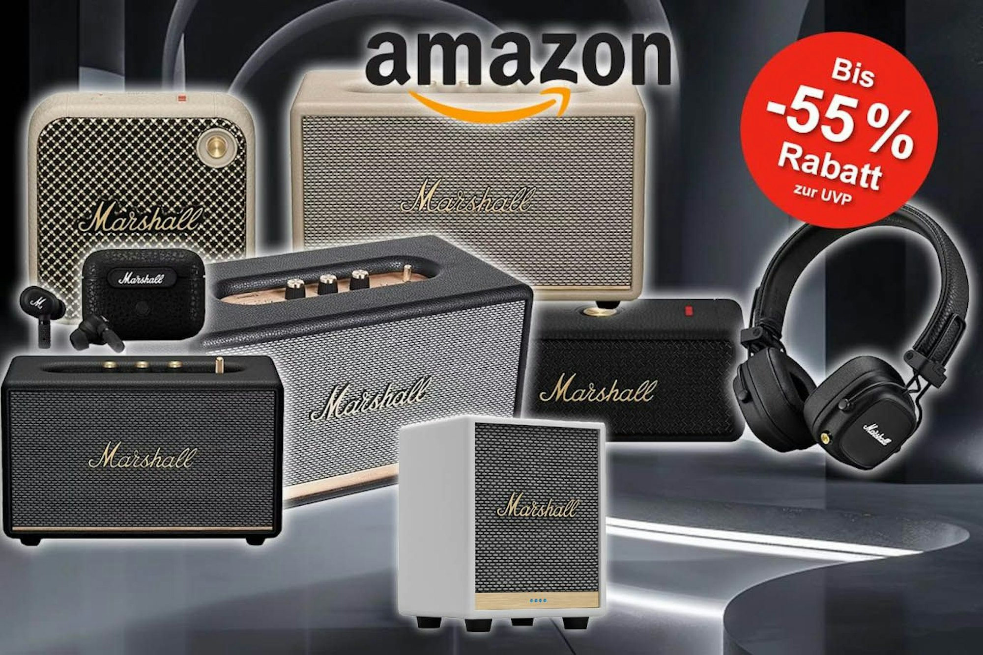 Bluetooth Lautsprecher und Kopfhörer von Marshall in verschiedenen Versionen und Farben vor einem minimalistischen, futuristischen grauen Hintergrund.