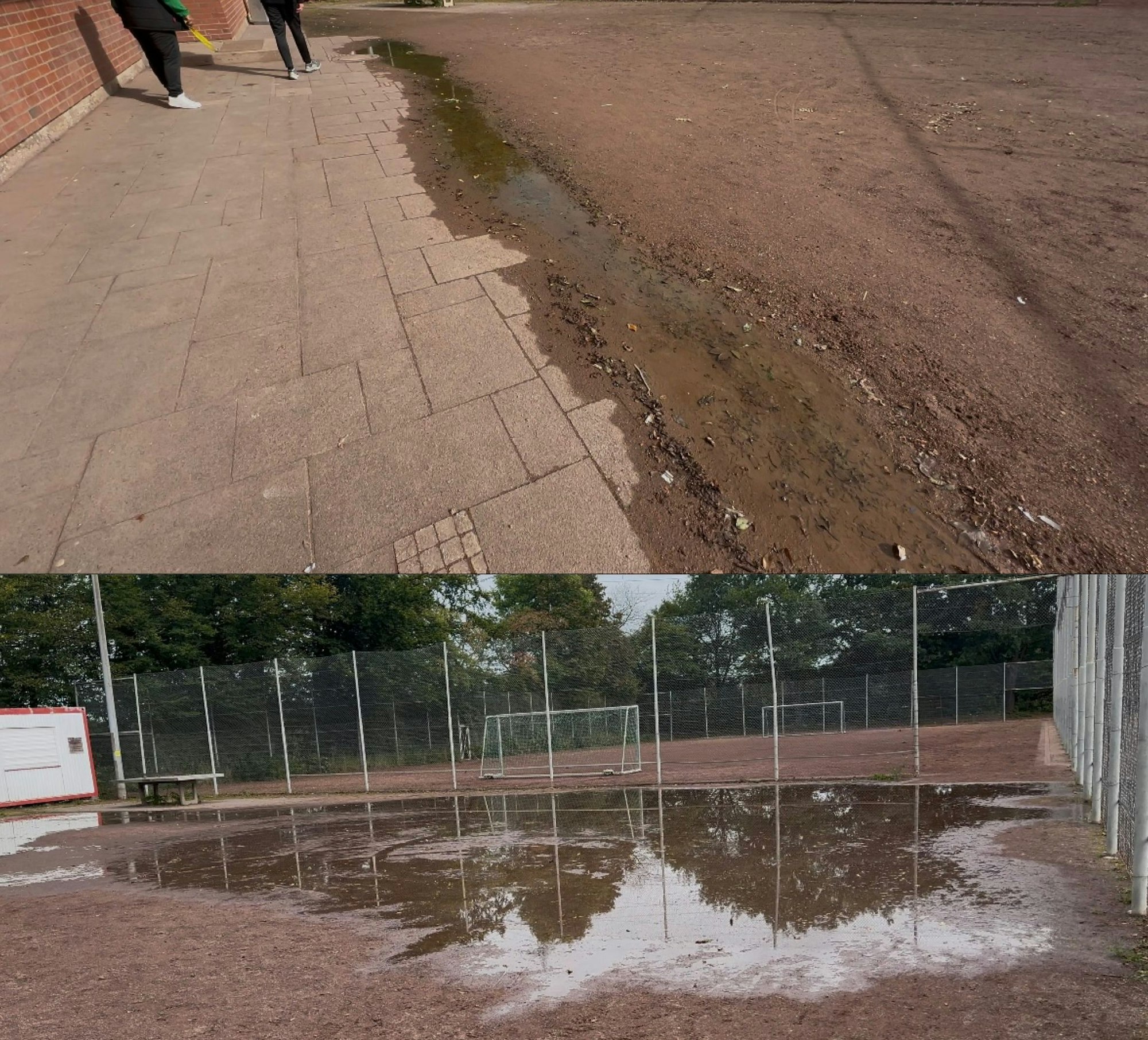 EXPRESS.de hat den Selbsttest gemacht: Im oberen Foto ist nur eine kleine Lache zu sehen. Im unteren Vergleichsfoto liefen die Duschen für rund 20 Minuten.