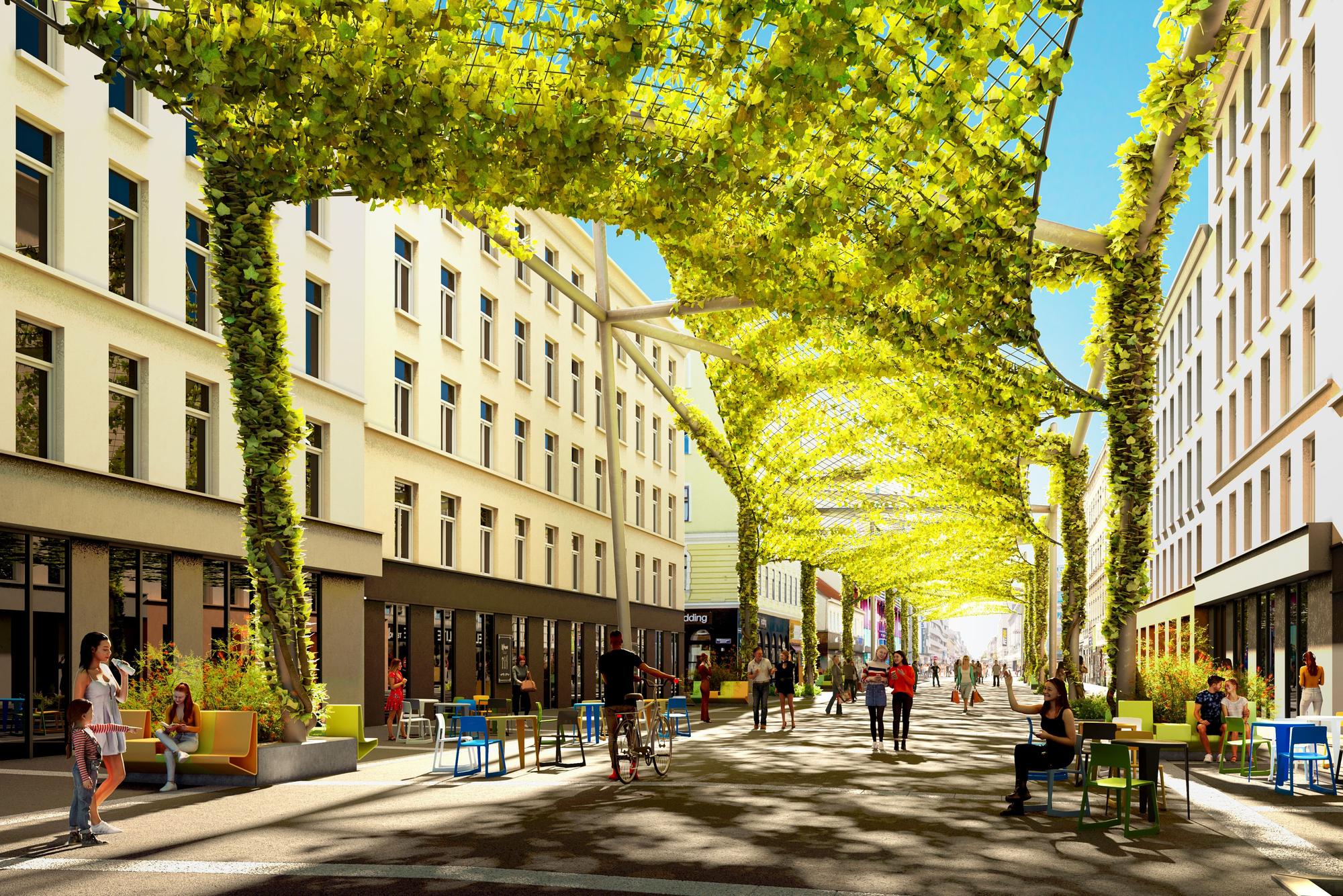 So könnten beispielsweise Teile des Neumarktes überspannt werden oder die Hohe Straße. Die Konstruktion kann an Gebäuden oder Stangen befestigt werden.