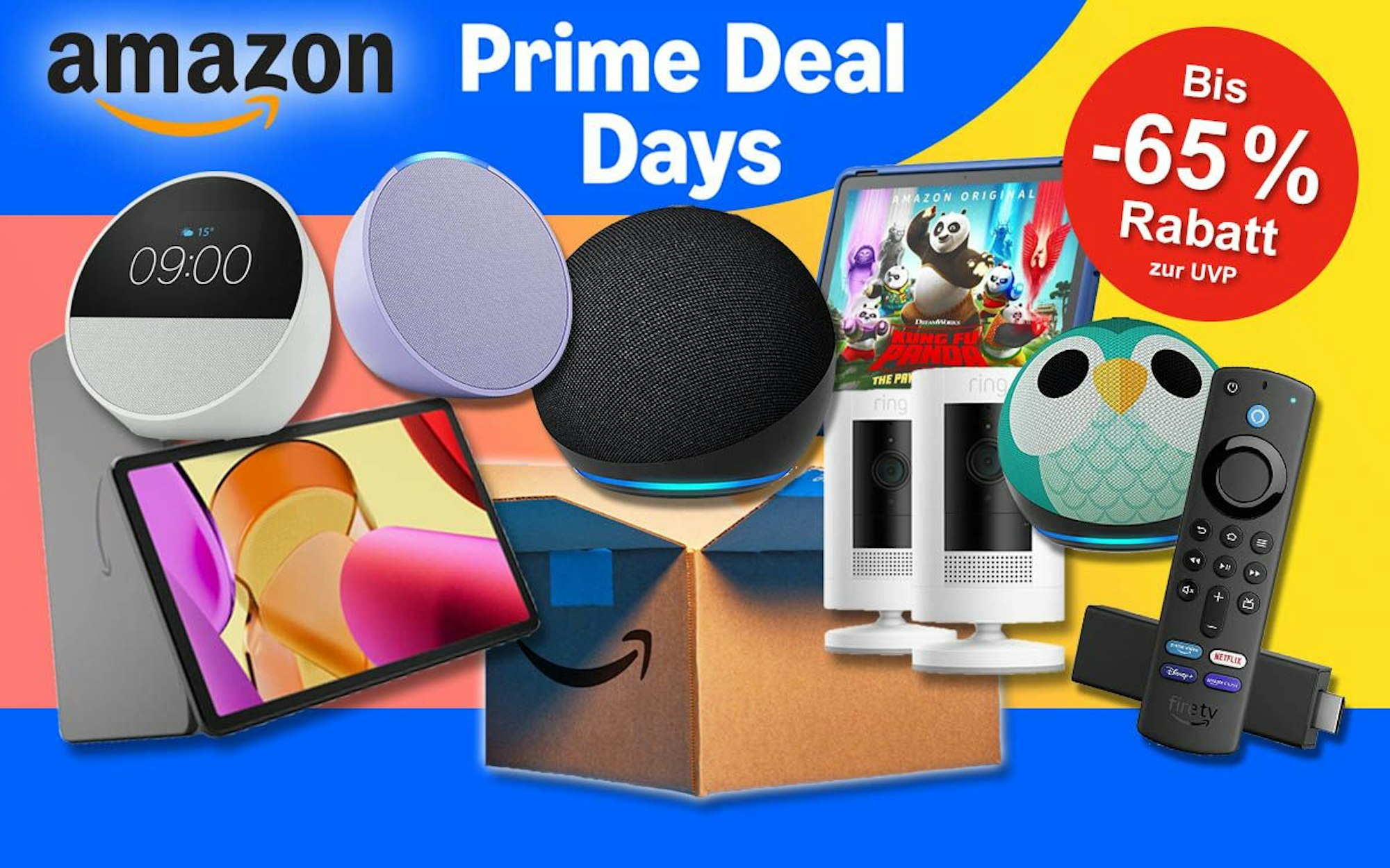 Amazon-Geräte wie Echo Spot, Fire TV Stick, Echo Pop, Fire HD Tablet 11, Blink Kameras.