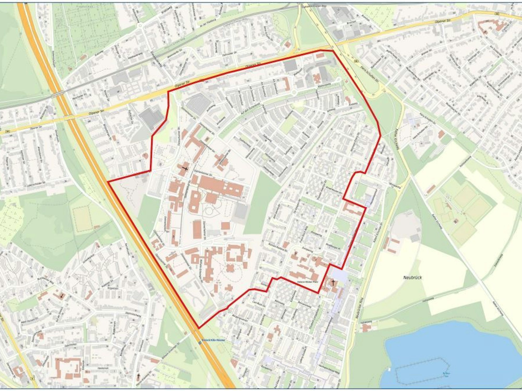 Der Evakuierungsradius zum Bombenfund in Köln-Merheim.