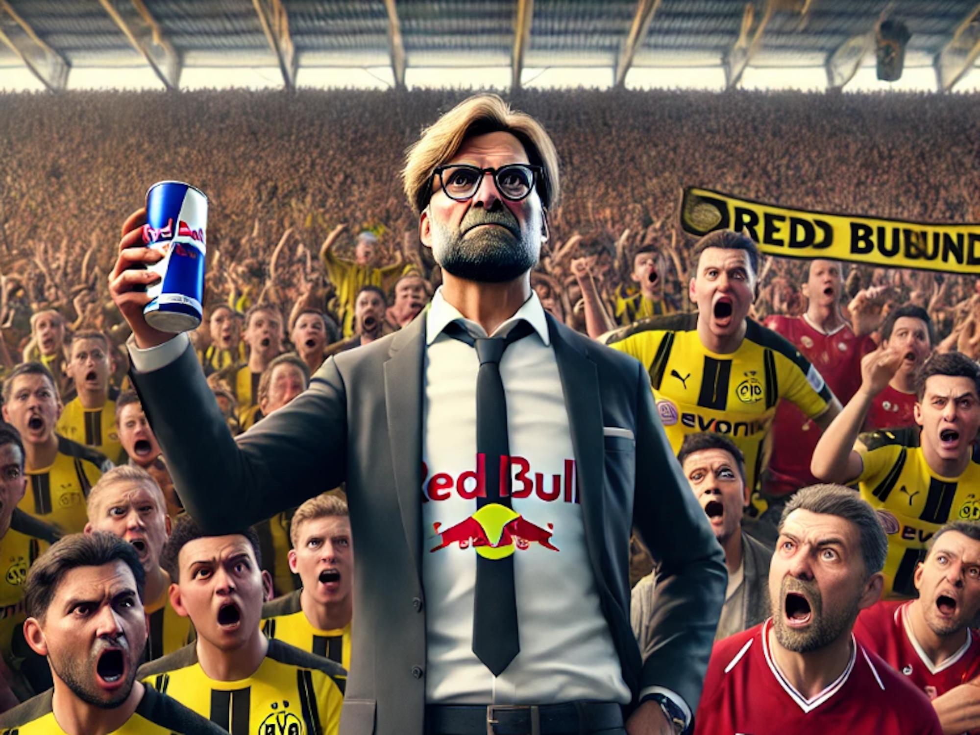 Dieses Bild von Jürgen Klopp vor der Dortmunder Südtribüne mit Red-Bull-Dose in der Hand vor schockierten BVB- und Liverpool-Fans wurde mit Hilfe von ChatGPT generiert.