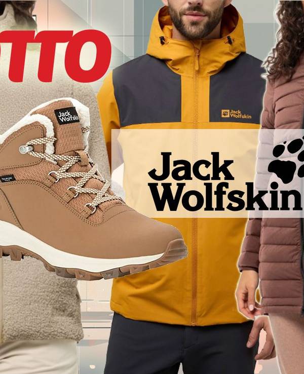 Darstellung von Kleidung, Schuhe und Zubehör von Jack Wolfskin und Logo im Mittelpunkt des Bildes