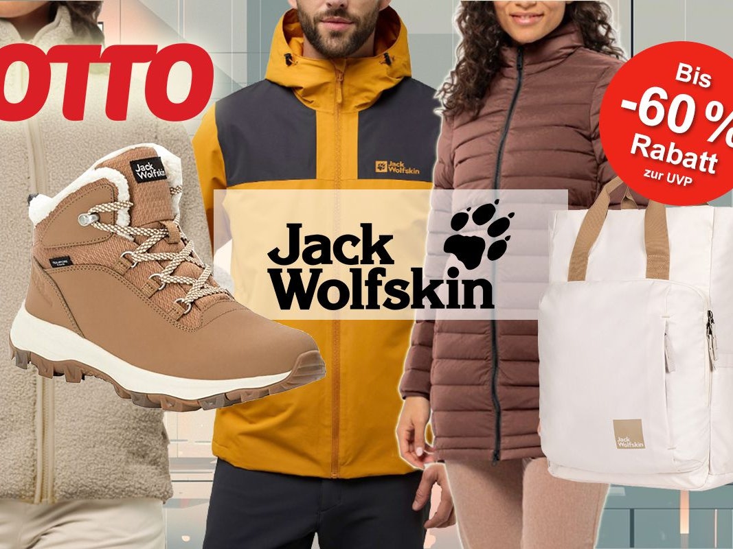 Darstellung von Kleidung, Schuhe und Zubehör von Jack Wolfskin und Logo im Mittelpunkt des Bildes