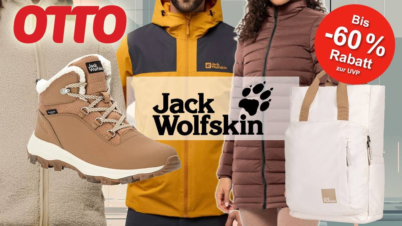 Darstellung von Kleidung, Schuhe und Zubehör von Jack Wolfskin und Logo im Mittelpunkt des Bildes