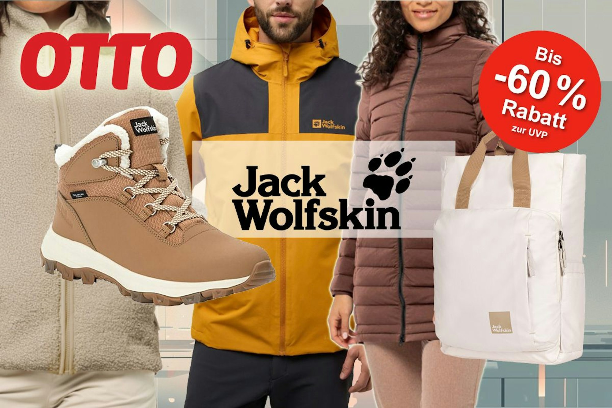 Darstellung von Kleidung, Schuhe und Zubehör von Jack Wolfskin und Logo im Mittelpunkt des Bildes