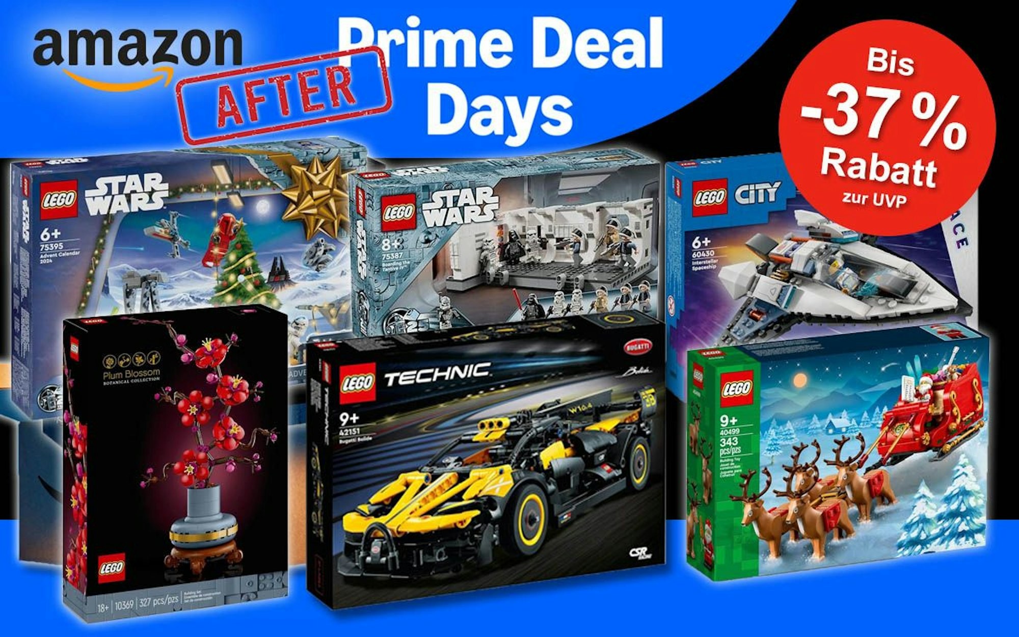 Lego Verpackungen von Technic, Star Wars, City und mehr vor dem Amazon After Prime Deal Days Design.