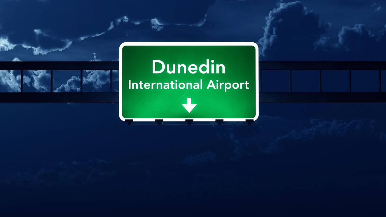 Dunedin Airport Highway Road Sign at Night 3D Illustration