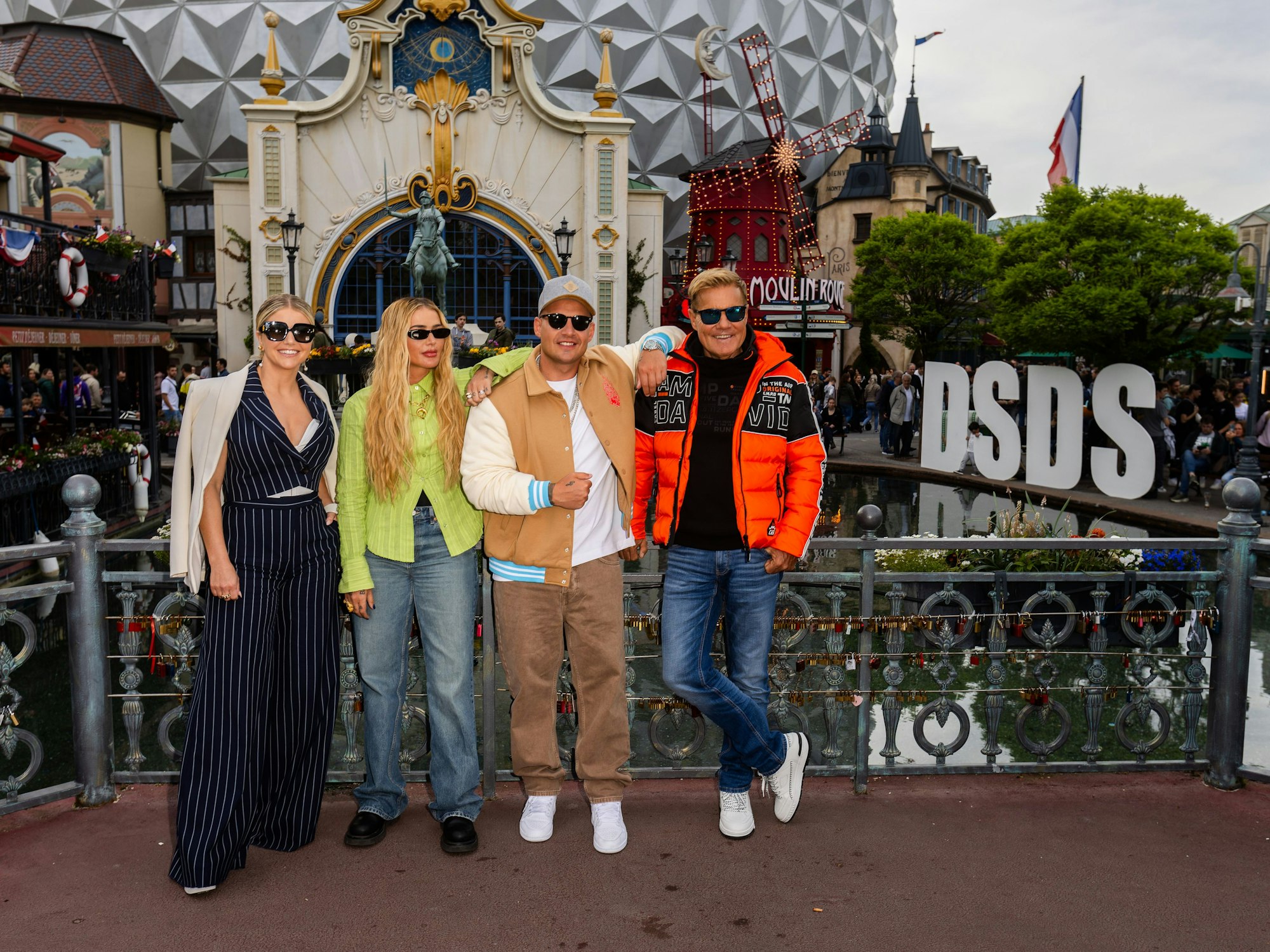 Die DSDS-Jury: Beatrice Egli (von links), Loredana, Pietro Lombardi und Dieter Bohlen im Europa-Park. Loredana fällt während des Recall-Auftaktes aus.picture alliance/dpa