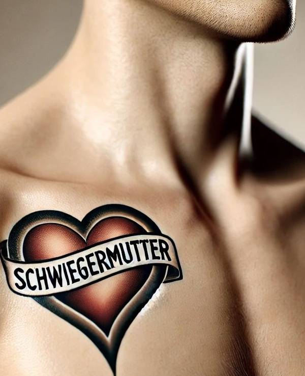 Männlicher Oberkörper mit einem Tattoo auf der Brust in Form eines Herzens mit der Aufschrift "Schwiegermutter".