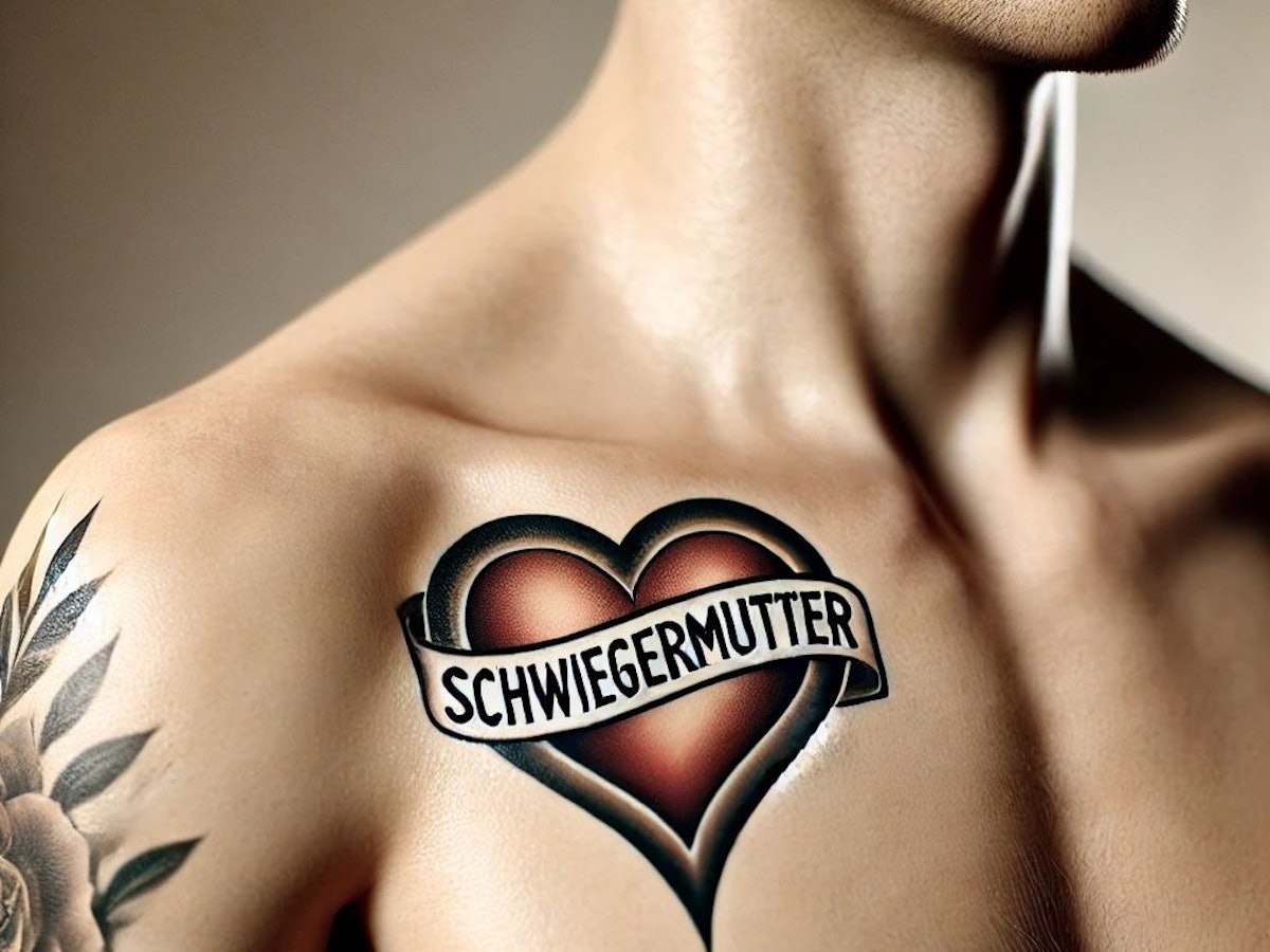 Männlicher Oberkörper mit einem Tattoo auf der Brust in Form eines Herzens mit der Aufschrift "Schwiegermutter".