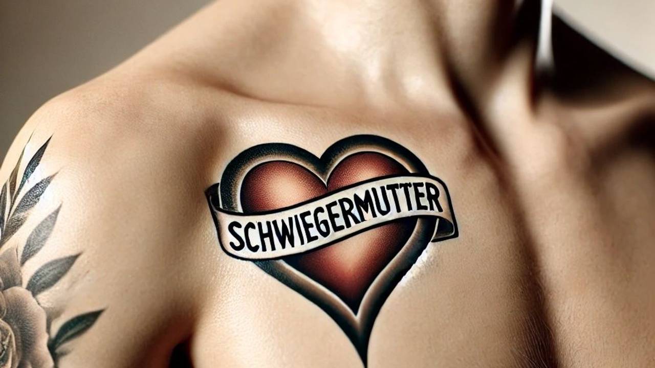 Männlicher Oberkörper mit einem Tattoo auf der Brust in Form eines Herzens mit der Aufschrift "Schwiegermutter".