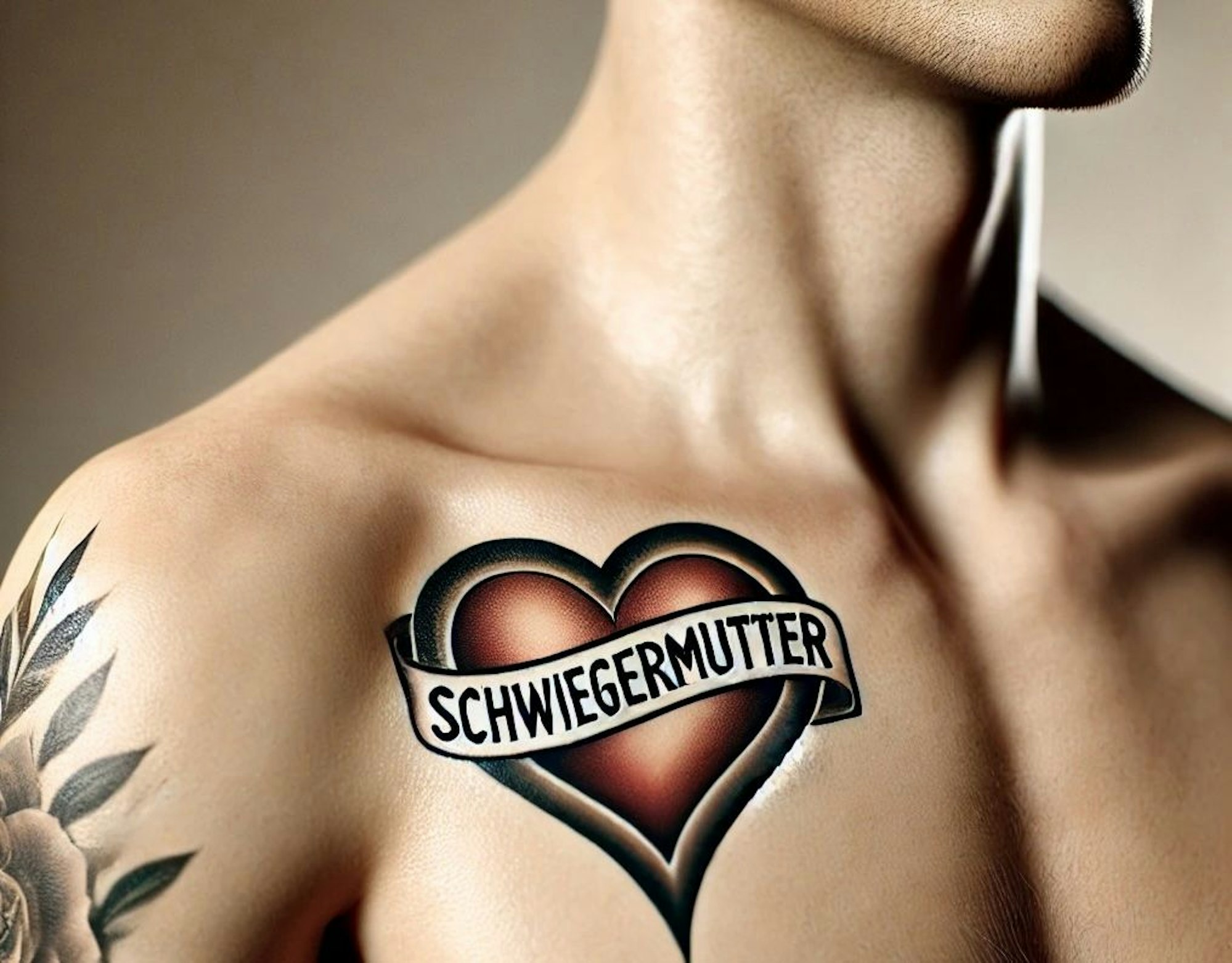 Männlicher Oberkörper mit einem Tattoo auf der Brust in Form eines Herzens mit der Aufschrift "Schwiegermutter".