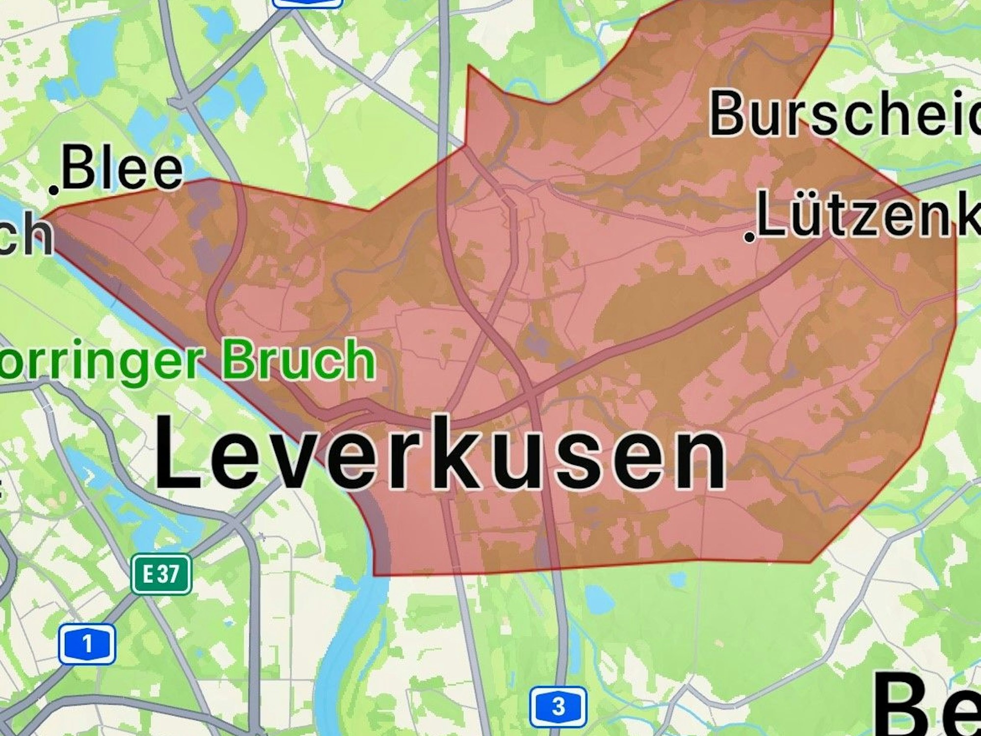Auf einer Straßenkarte ist ein großer Teil des Leverkusener Stadtgebietes rot gekennzeichnet.