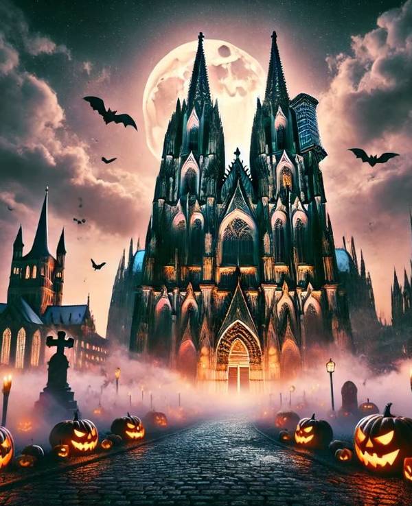 Eine Collage mit dem Kölner Dom zu Halloween