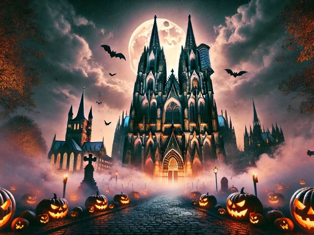 Eine Collage mit dem Kölner Dom zu Halloween
