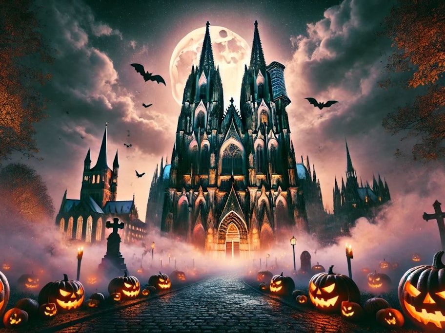 Eine Collage mit dem Kölner Dom zu Halloween