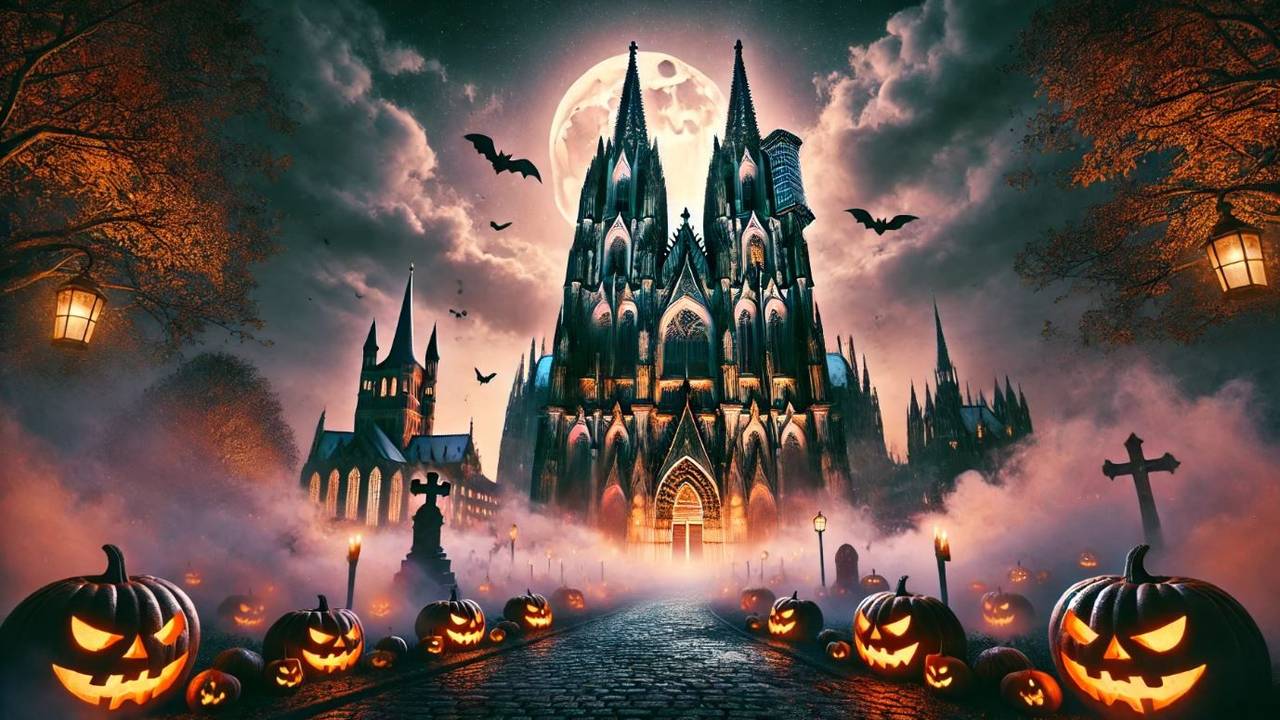 Eine Collage mit dem Kölner Dom zu Halloween