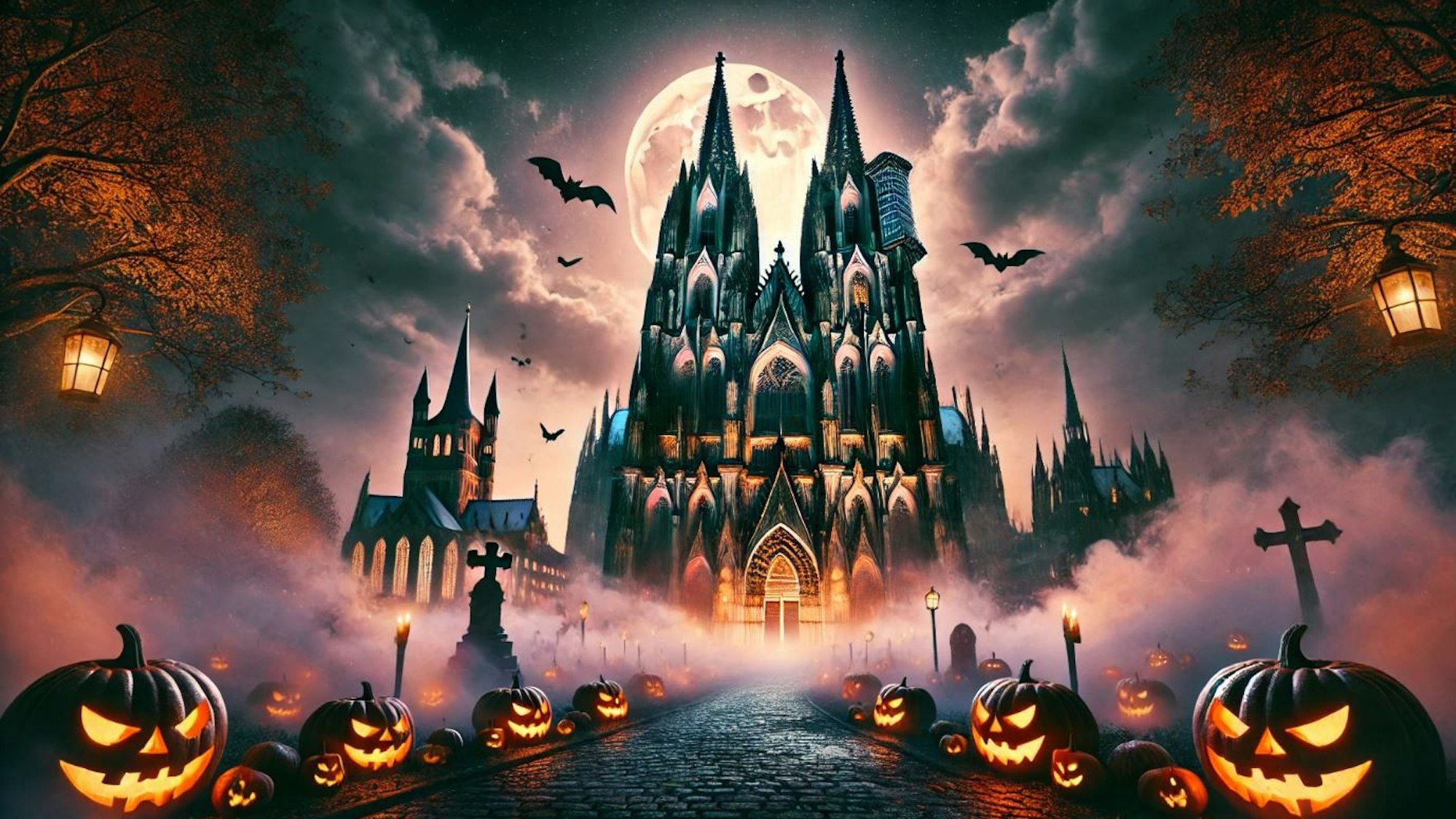 Eine Collage mit dem Kölner Dom zu Halloween