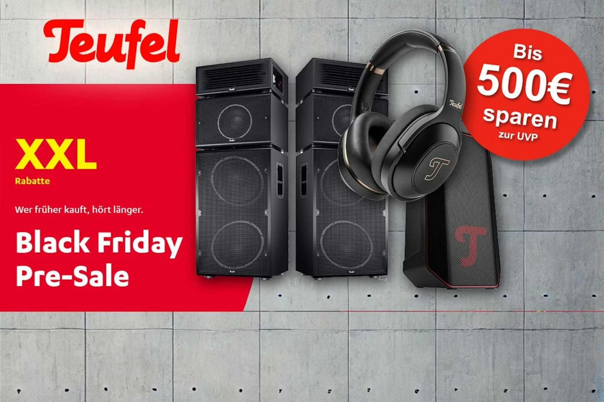 Teufel Produkte Audio Geräte vor einer Betonwand.