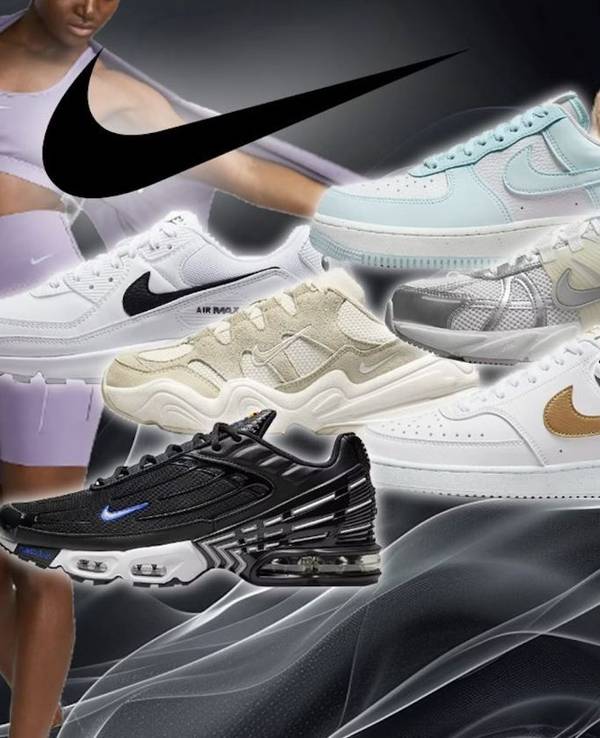 Nike Sneaker von Air Force 1, Air Max und Dunk Low und Nike Sportswear für Damen und Herren vor dunklem wellenartigen Hintergrund.