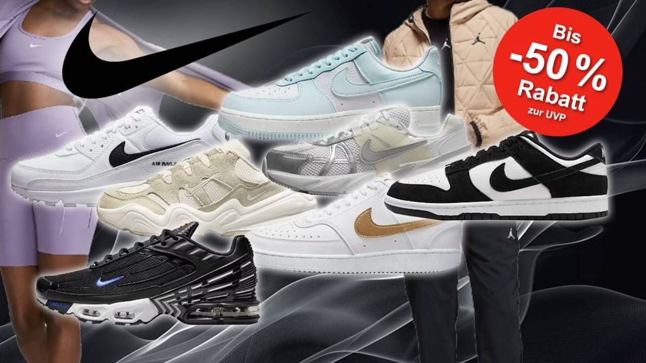 Nike Sneaker von Air Force 1, Air Max und Dunk Low und Nike Sportswear für Damen und Herren vor dunklem wellenartigen Hintergrund.
