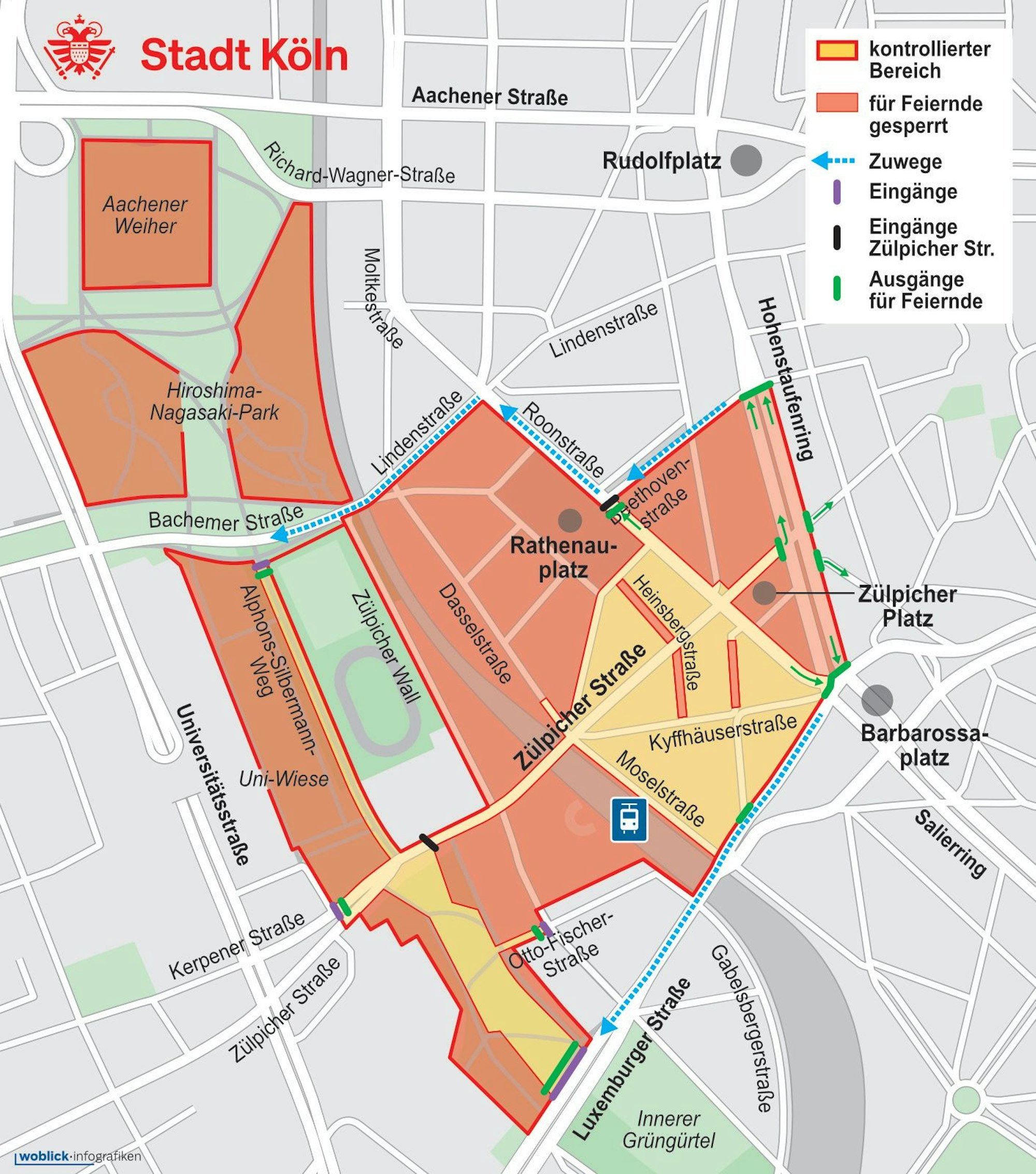 Eine Grafik zeigt den Bereich Zülpicher Straße am 11.11.2024
