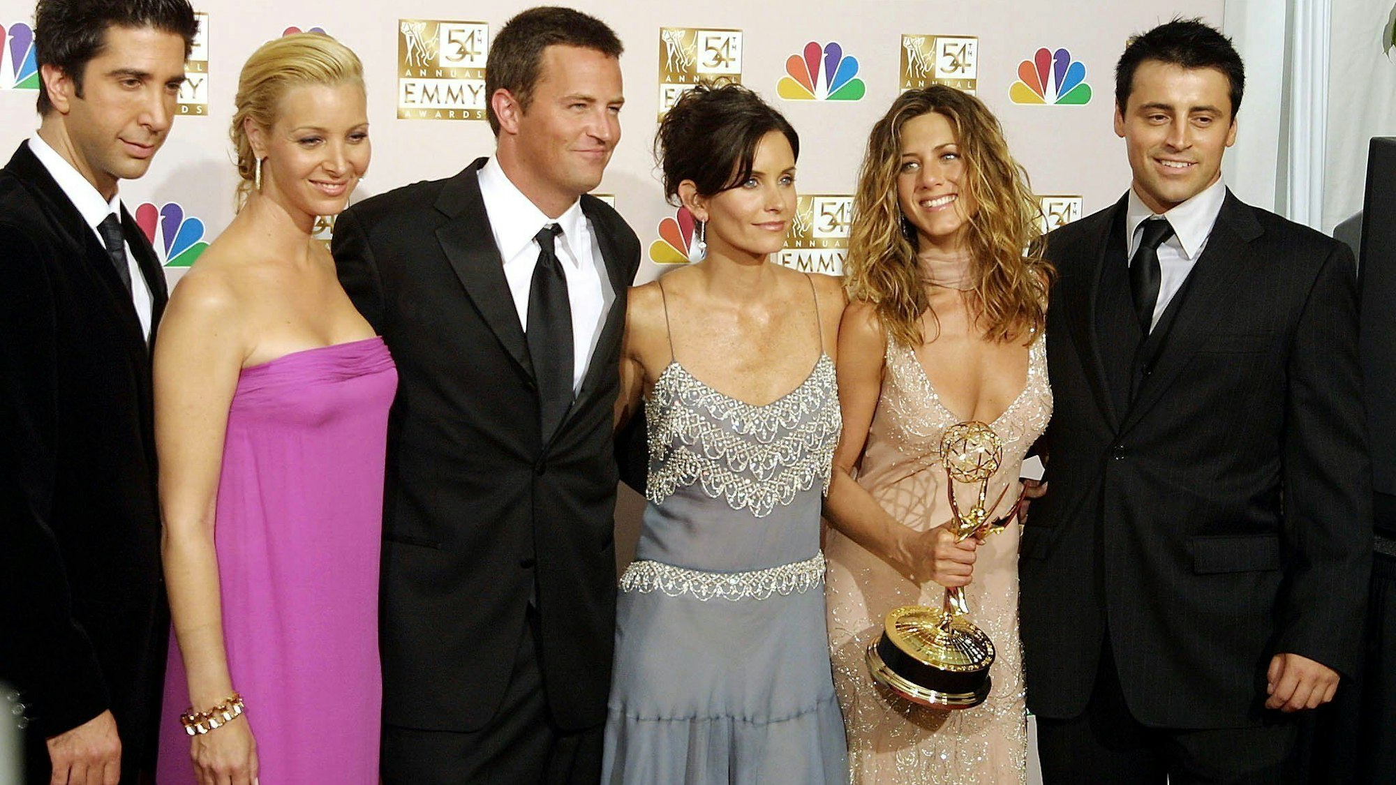 Der „Friends“-Cast (hier 2002): David Schwimmer (von links), Lisa Kudrow, Mathew Perry, Courtney Cox Arquette, Jennifer Aniston und Matt LeBlanc.