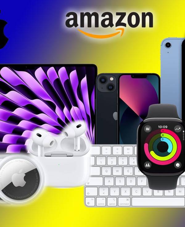 Auf dem Bild sind ein iPad, iPhone, MacBook, AirPods, eine Apple Watch und Zubehör zu sehen.