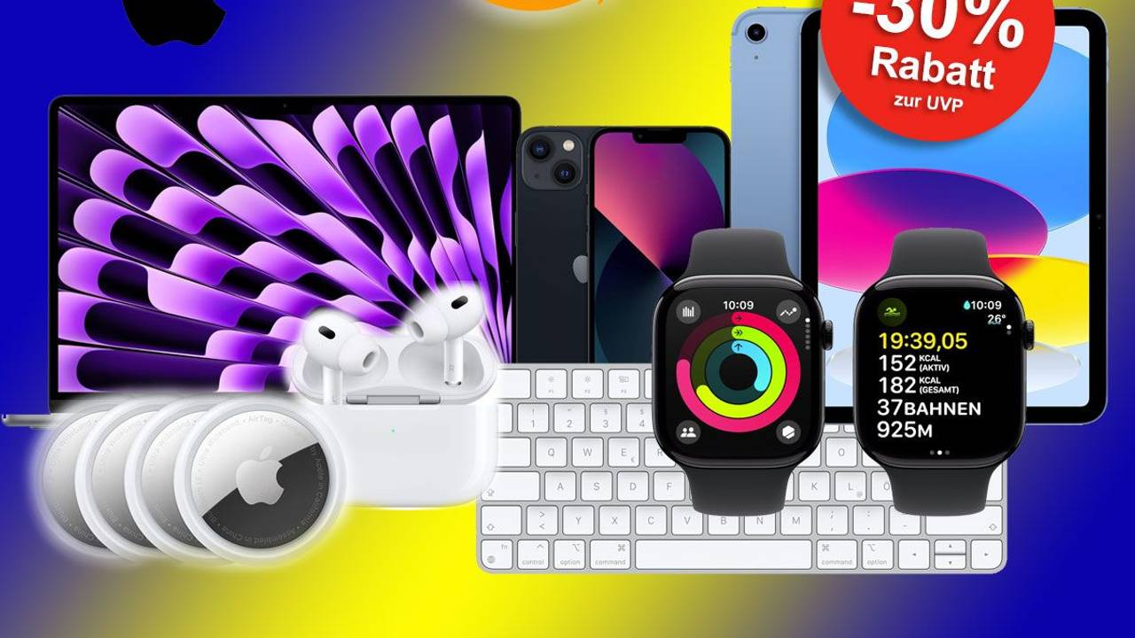Auf dem Bild sind ein iPad, iPhone, MacBook, AirPods, eine Apple Watch und Zubehör zu sehen.