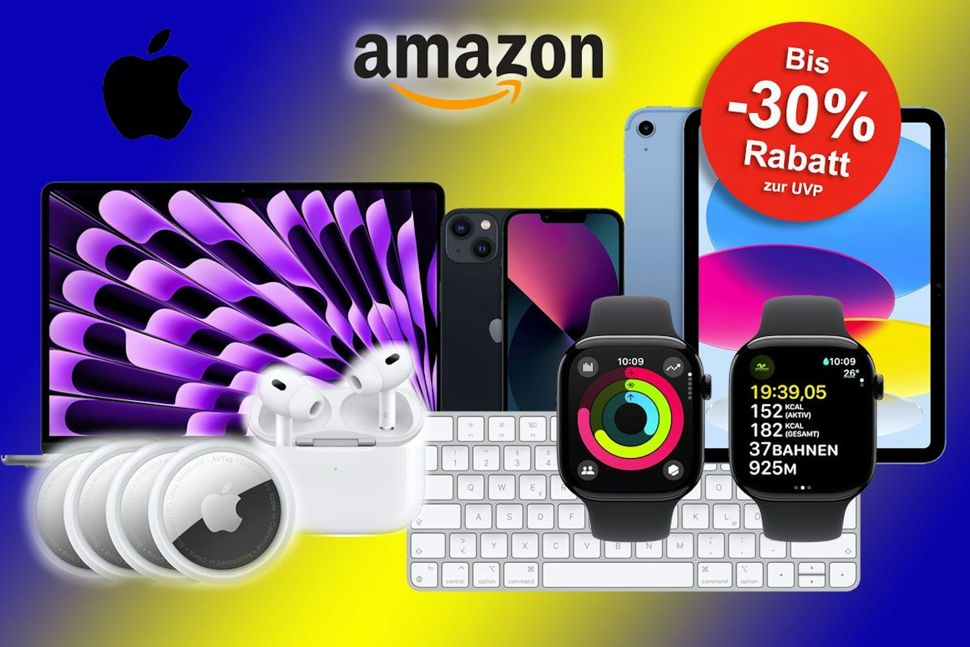 Auf dem Bild sind ein iPad, iPhone, MacBook, AirPods, eine Apple Watch und Zubehör zu sehen.