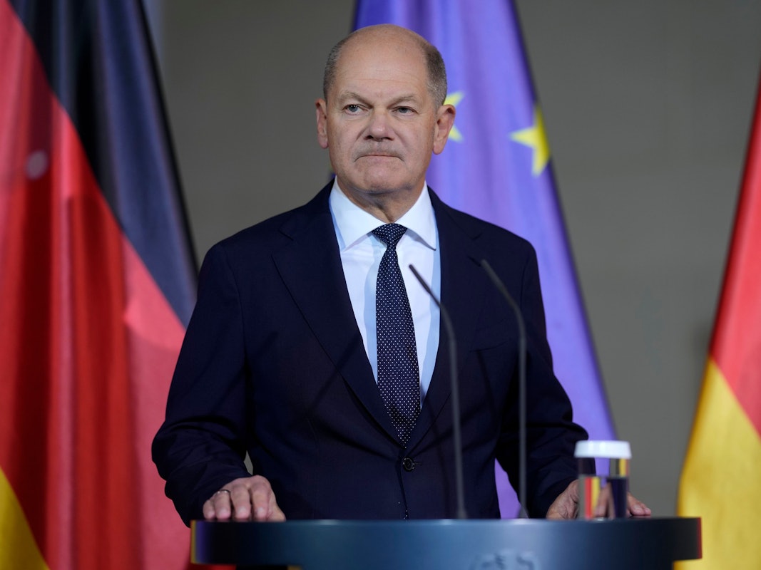German Chancellor Olaf Scholz gives a statement after a meeting with government leaders in Berlin, Germany, Wednesday, Nov. 6, 2024. (AP Photo/Markus Schreiber)