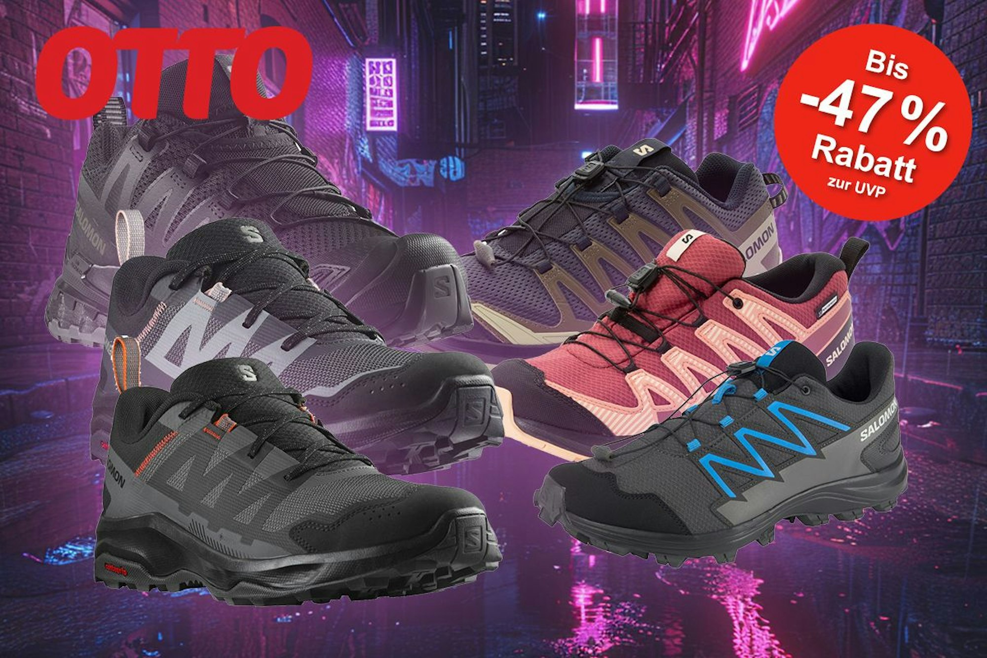 Darstellung verschiedener Salomon Sneaker Modelle auf einem urbanen Hintergrund mit Neonlicht