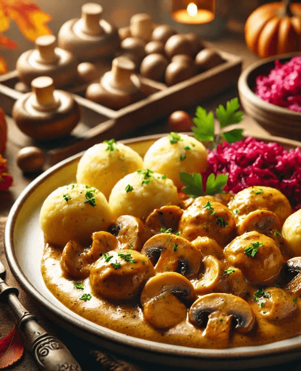 Kastanien-Pilz-Ragout mit Klößen und Rotkohl